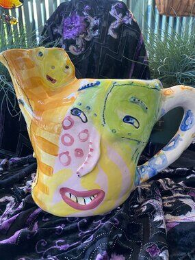 Fantastic RARE Laurel Izard/Edwin Shelton Two-Sided Face Pitcher, early 1990s